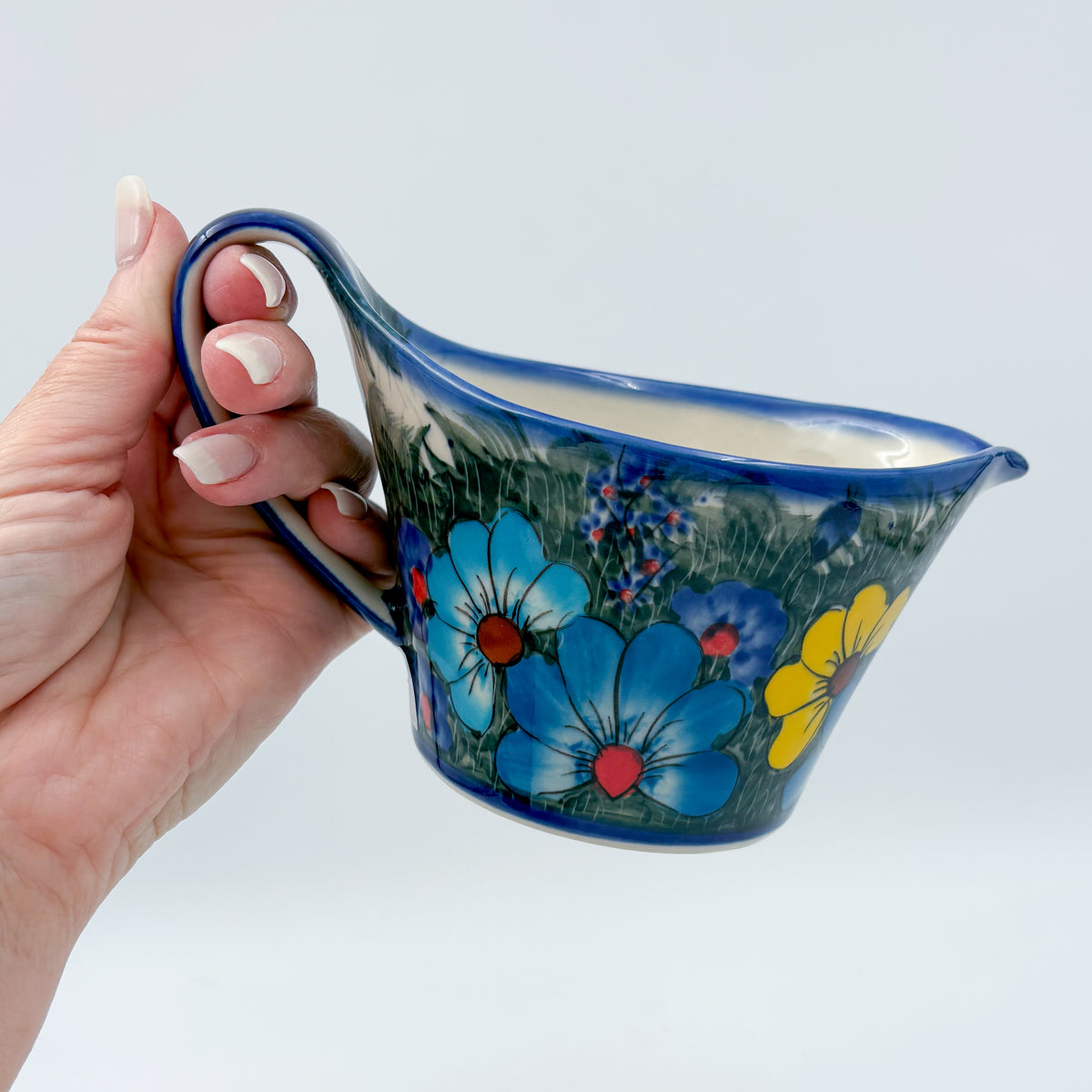 12 oz Loop Handle Gravy Boat.  Hand painted Polish pottery stoneware.  UNIKAT Forget Me Not Pansy