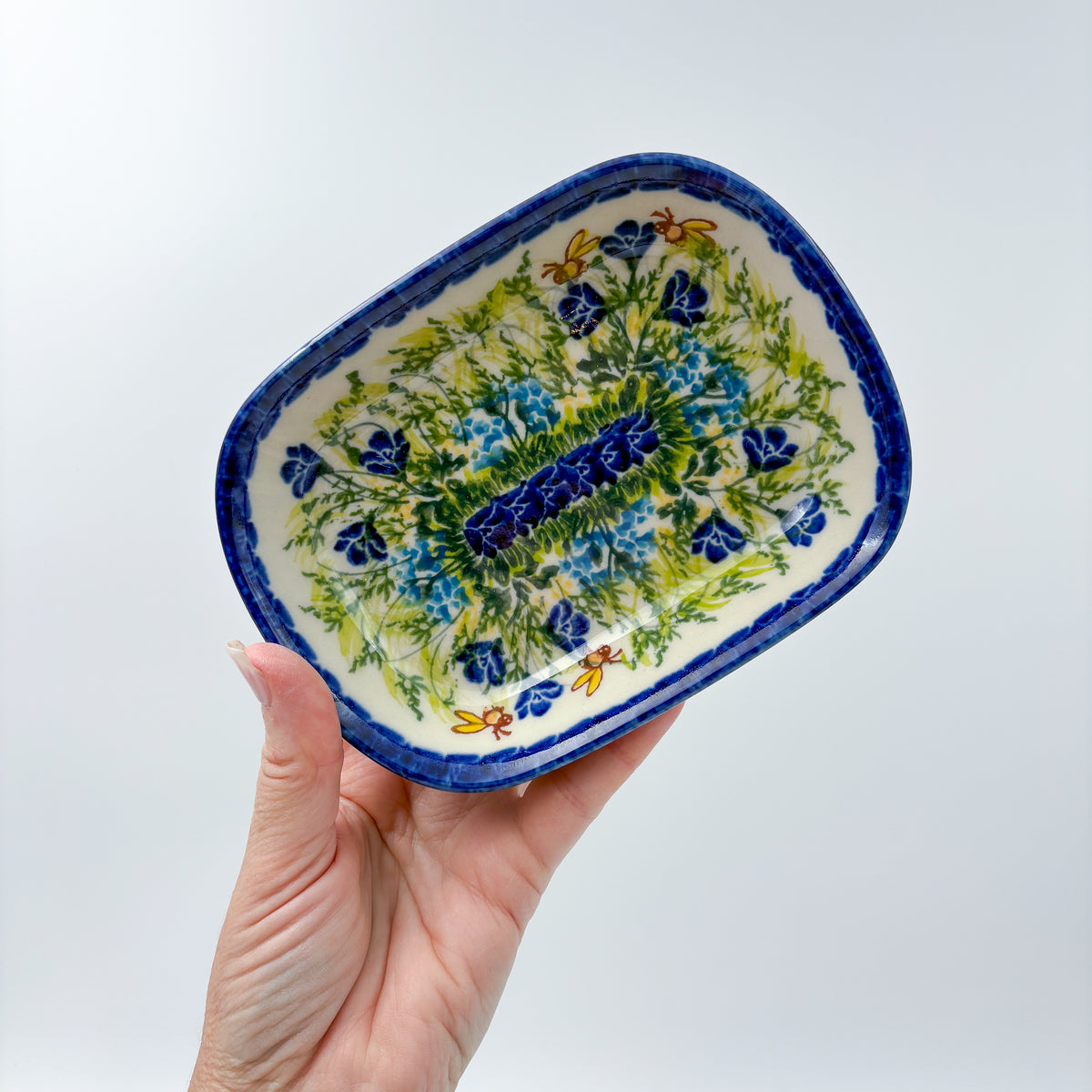 6" Butter Platter.  Handmade Polish pottery.  UNIKAT Bluebell Meadows