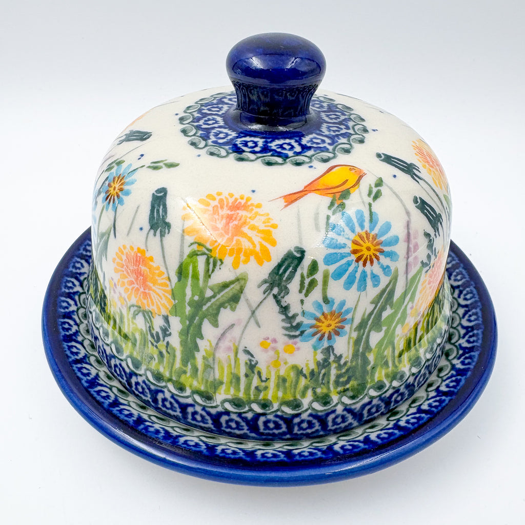 Round Butter/Cheese Covered Dish: UNIKAT Songbird Design