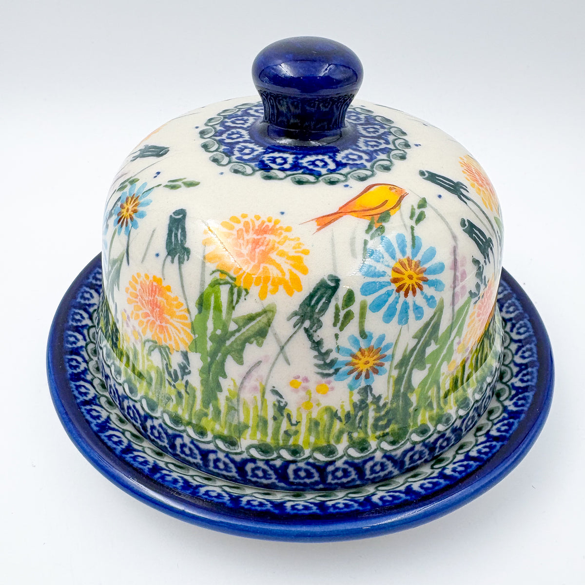 Round Butter/Cheese Covered Dish: UNIKAT Songbird Design
