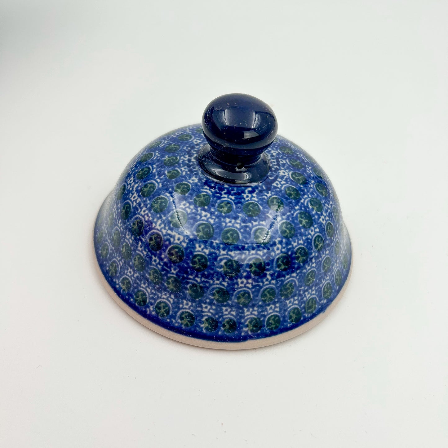 8" Cookie Jar. Hand painted Polish pottery stoneware.  Blue Poppies