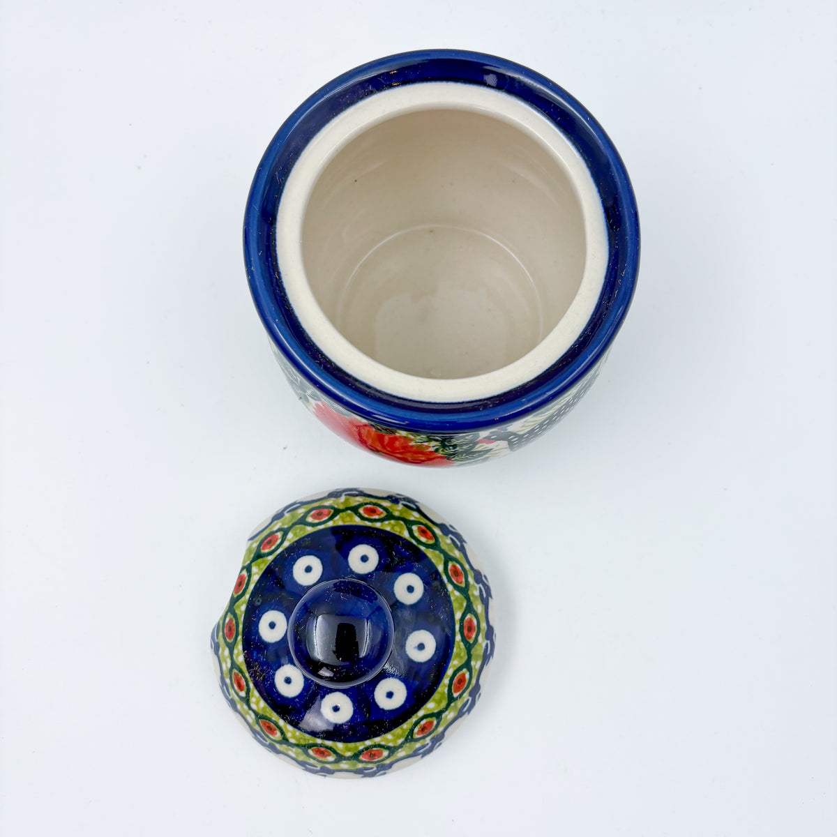 UNIKAT Chickens in the Florals sugar bowl, top-down view of lid removed showing polka-dot lid design and open rim