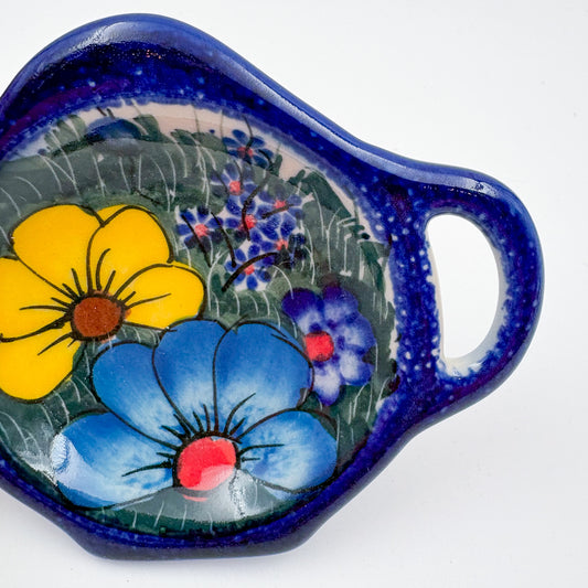 Teabag Holder.  Handmade Teapot Polish pottery.  UNIKAT Forget Me Not Pansy