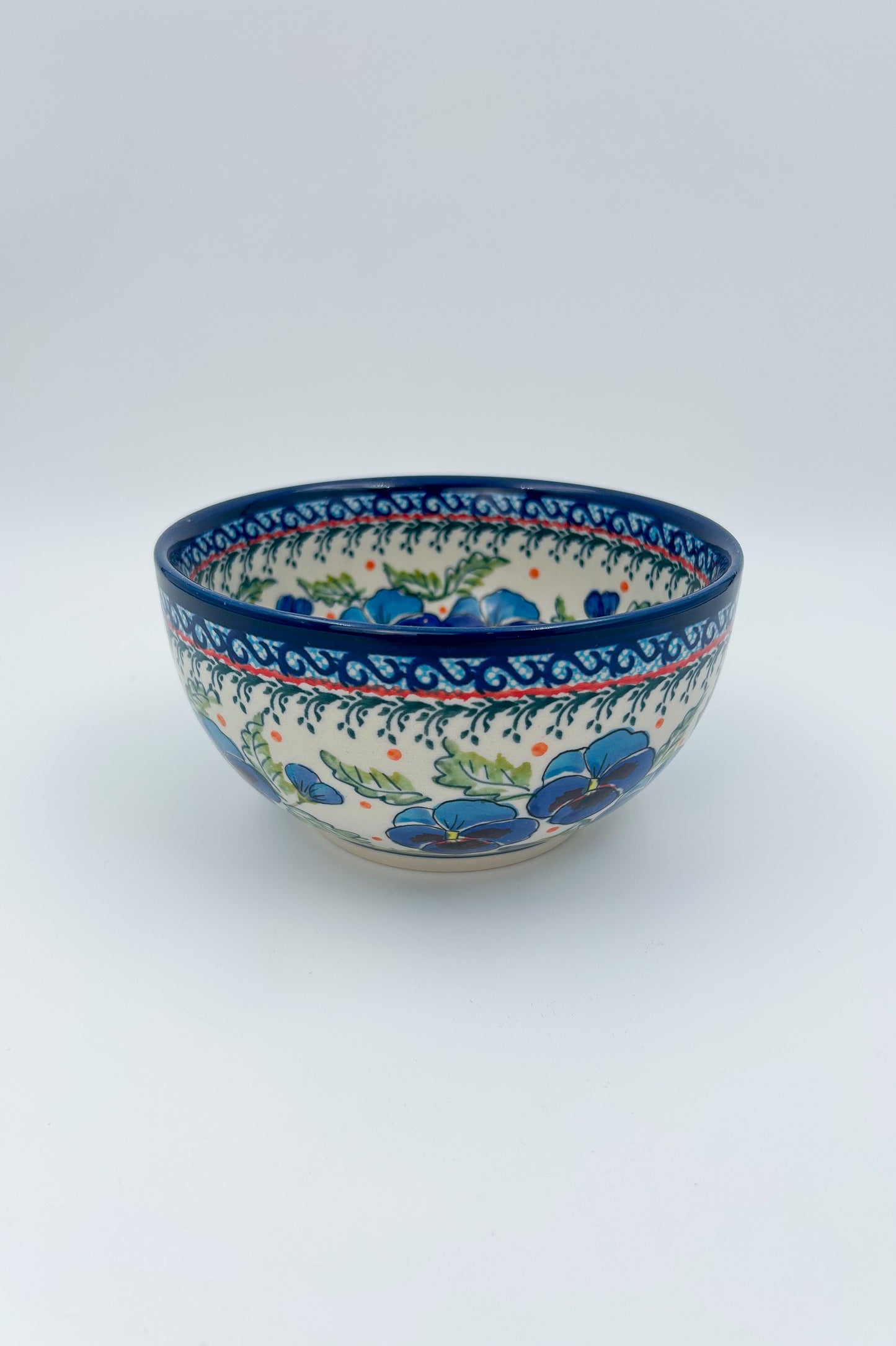 6.25” Deep Bowl.  Hand crafted Polish pottery stoneware:  Pansies In Bloom