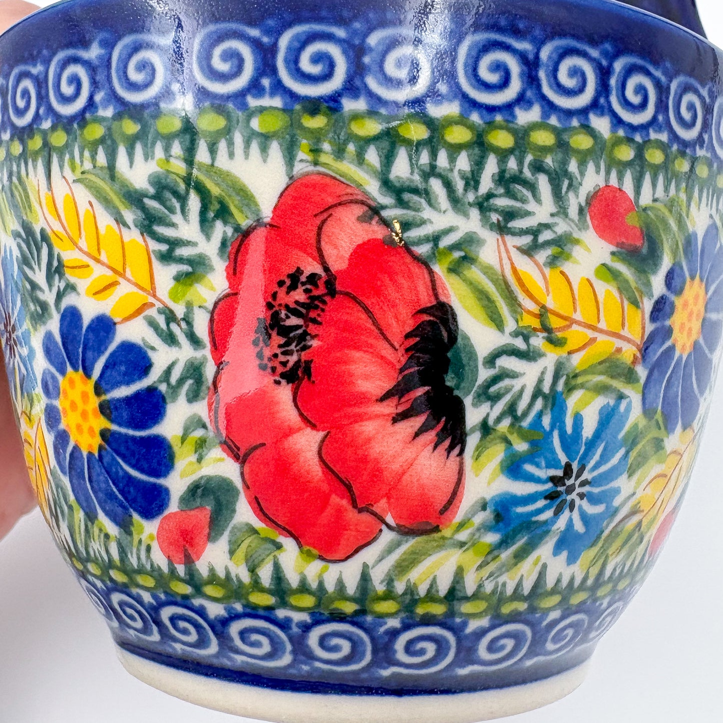 12 oz Bowl/Mug with Loop-Handle.  Hand crafted Polish pottery stoneware: UNIKAT Garden Poppy