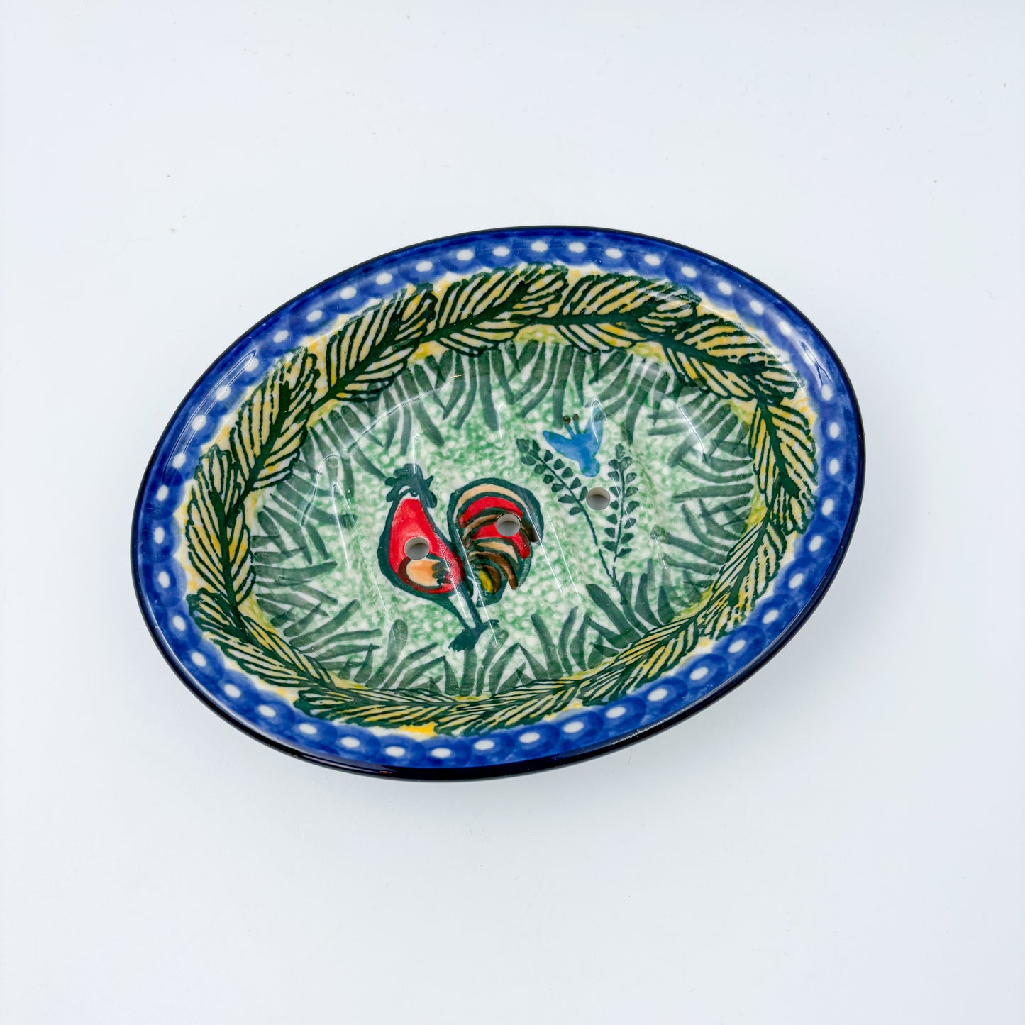 Soap Dish 6”.  Handmade Polish pottery.  UNIKAT Rooster Parade Design