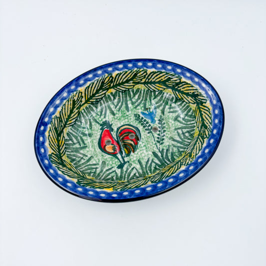Soap Dish 6”.  Handmade Polish pottery.  UNIKAT Rooster Parade Design