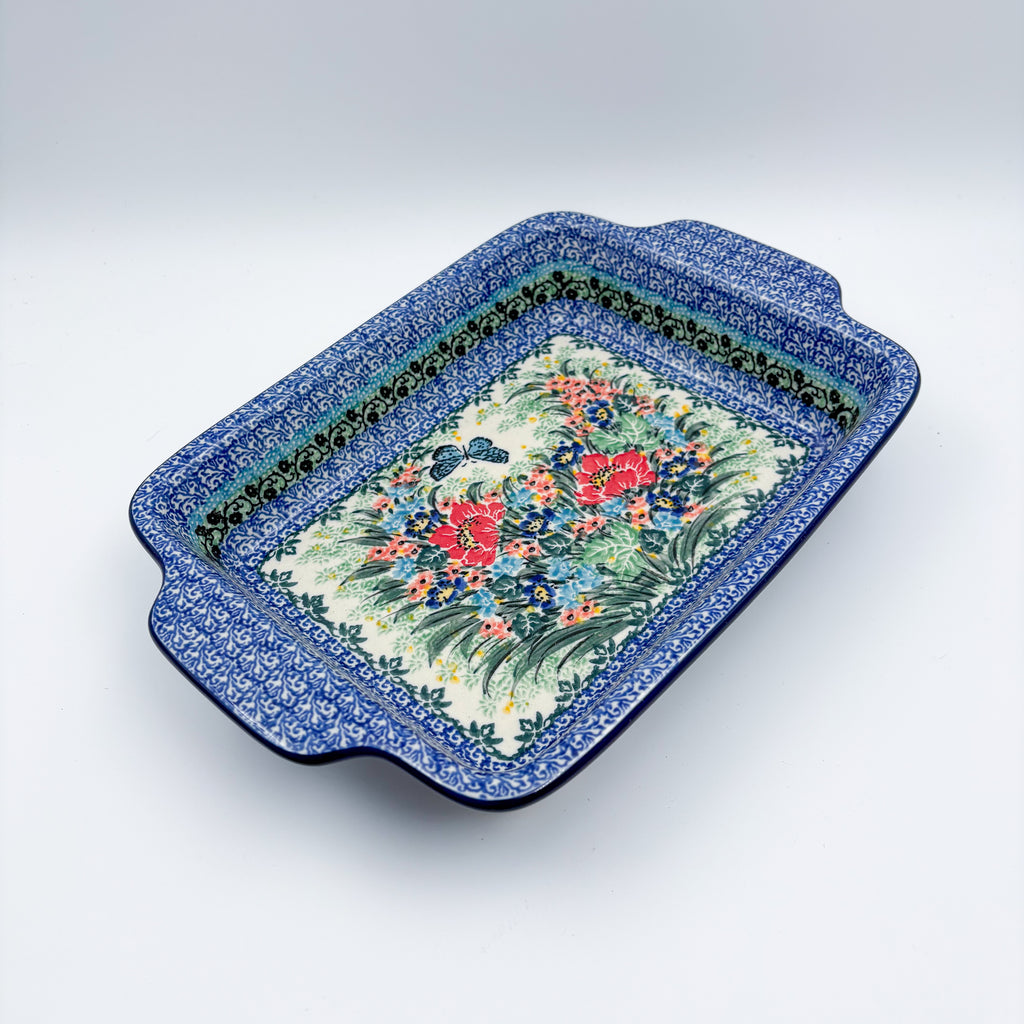 9.5" Rectangular Baker with Handles .  UNIKAT Spring Floral Garland