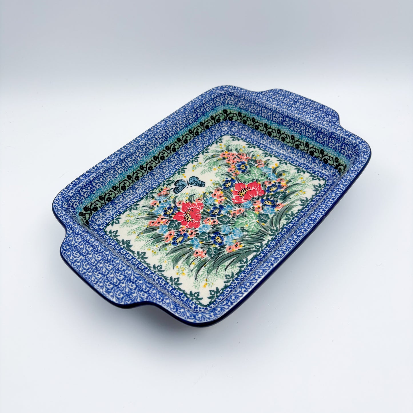 9.5" Rectangular Baker with Handles .  UNIKAT Spring Floral Garland