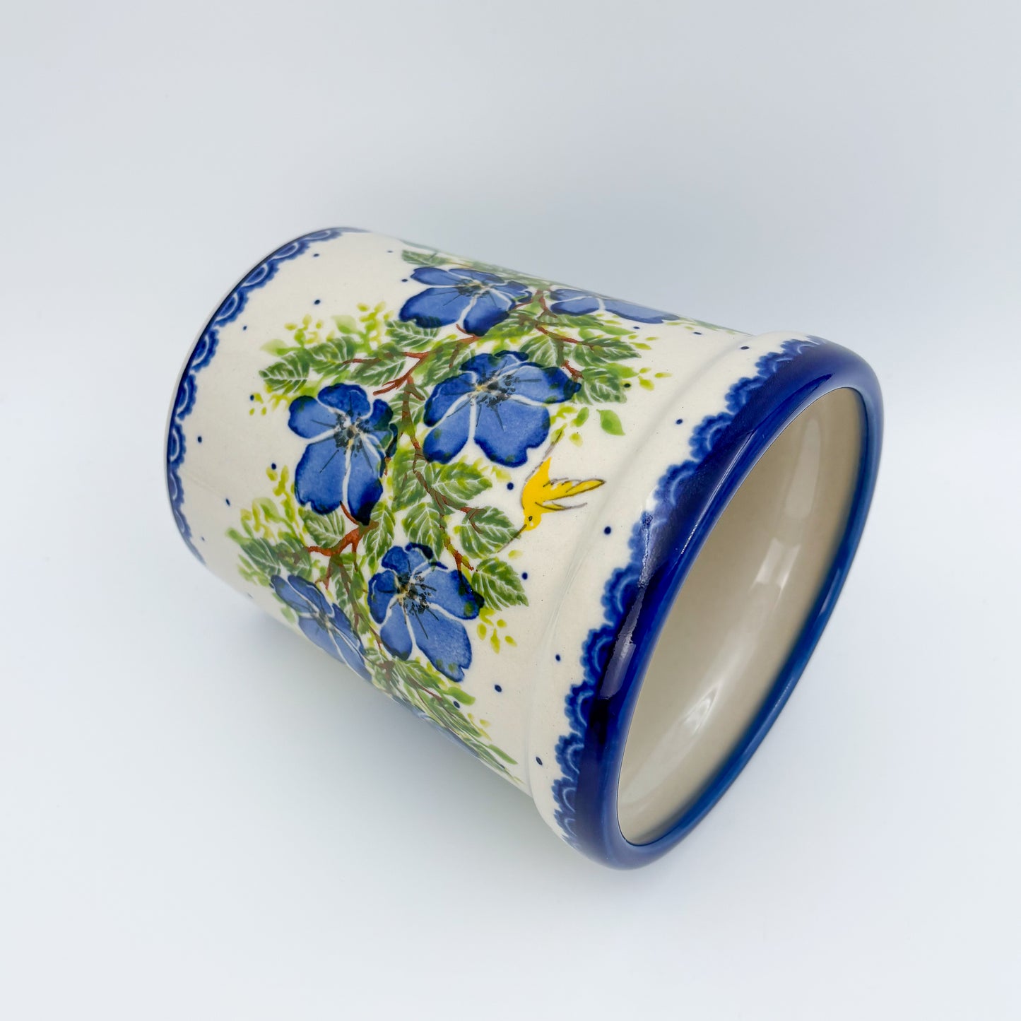 Utensil Jar 5.5”.  Handmade Polish pottery.  UNIKAT Blue Poppy Songbird
