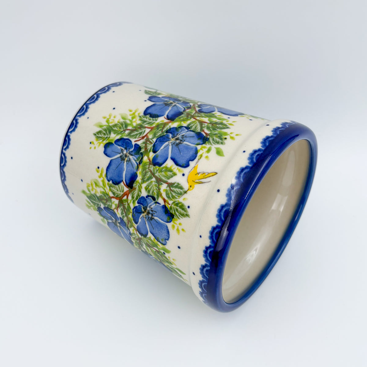 Utensil Jar 5.5”.  Handmade Polish pottery.  UNIKAT Blue Poppy Songbird