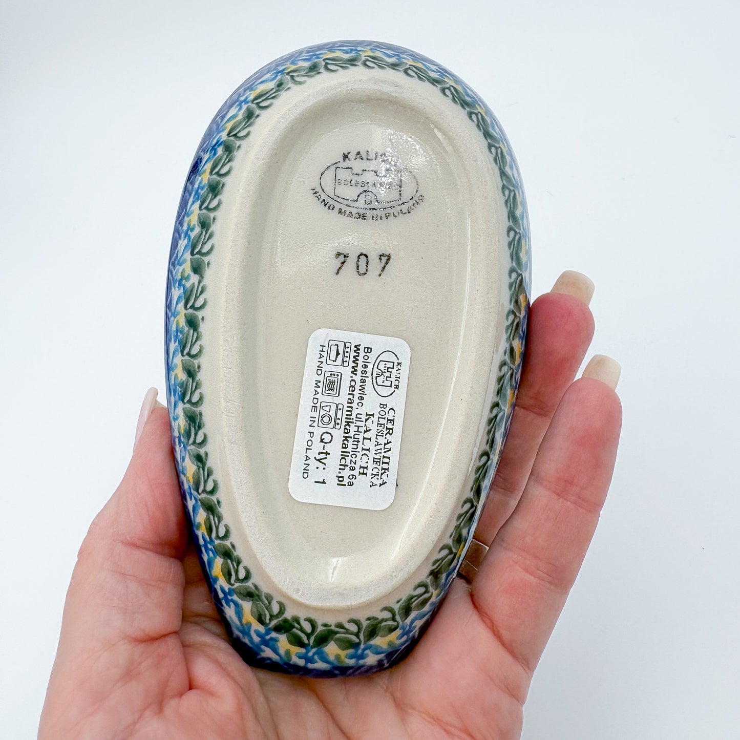 Spoon Rest 5”.  Handmade Polish pottery.  UNIKAT Snowdrop Garden Pattern