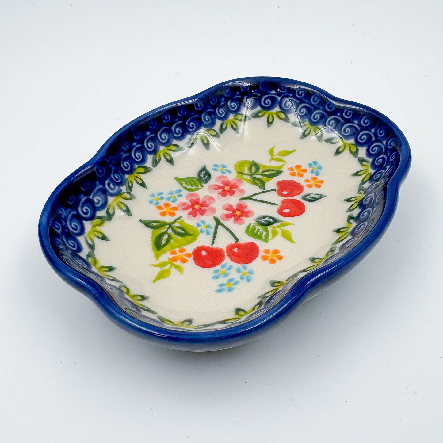 5" Soap Dish.  Handmade Polish pottery.  UIKAT Cherry Blossom Pattern