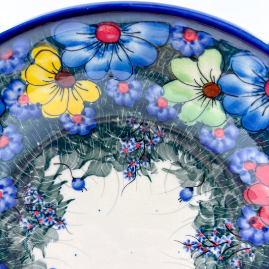 10" Bowl with Handles. Hand crafted Polish pottery stoneware:  UNIKAT Forget Me Not Pansy Pattern