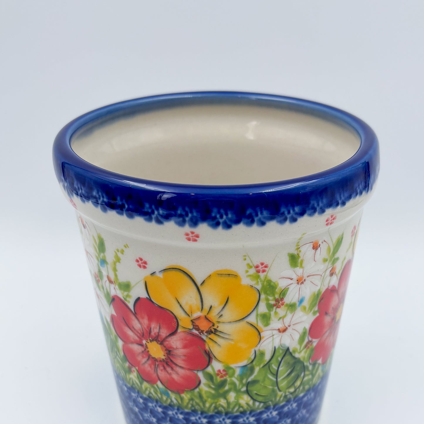 Utensil Jar 5.5”.  Handmade Polish pottery.  UNIKAT Yellow and Red Pansy Pattern