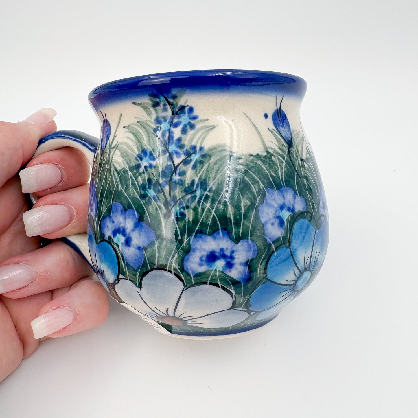 8 oz Bubble Mug. Handcrafted Polish pottery stoneware:  UNIKAT Forget Me Not Pansy