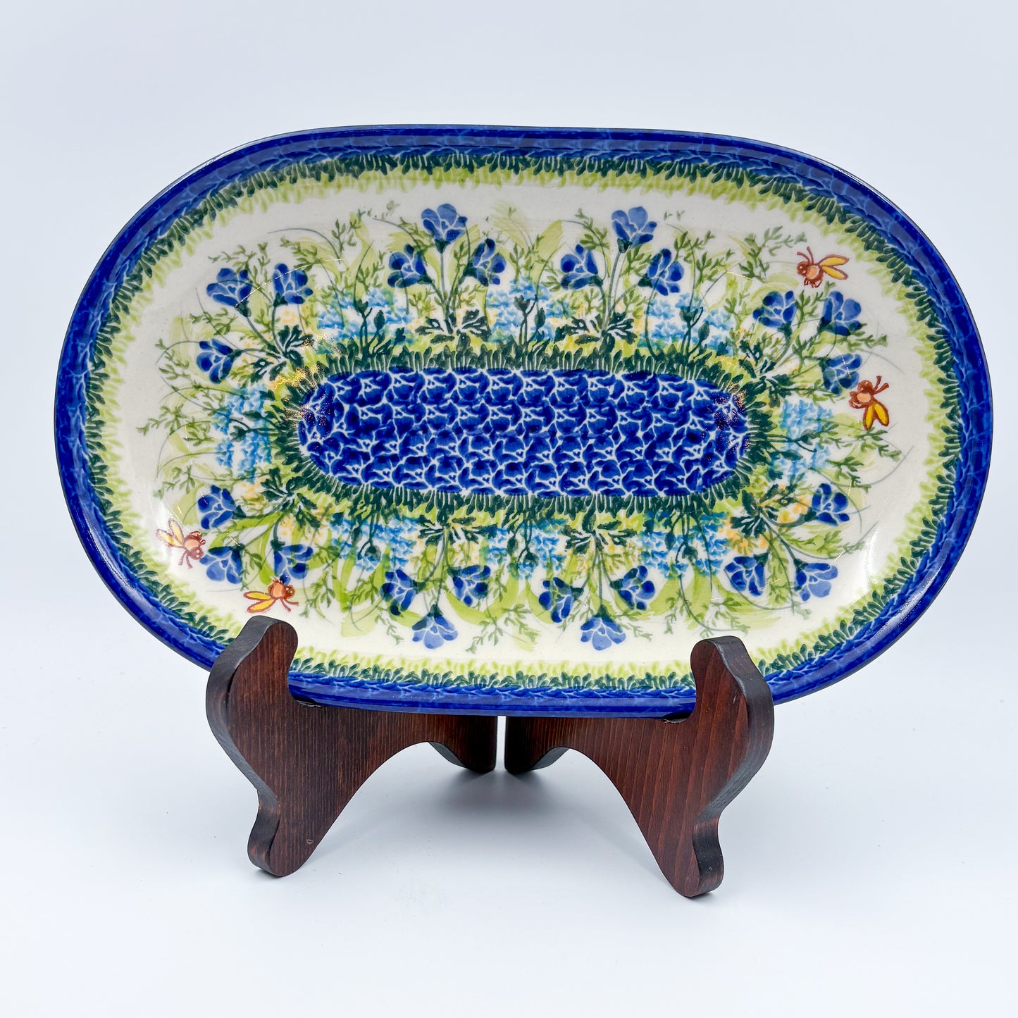 10” Oval Platter.  Hand crafted Polish pottery stoneware: UNIKAT Bluebell Meadow