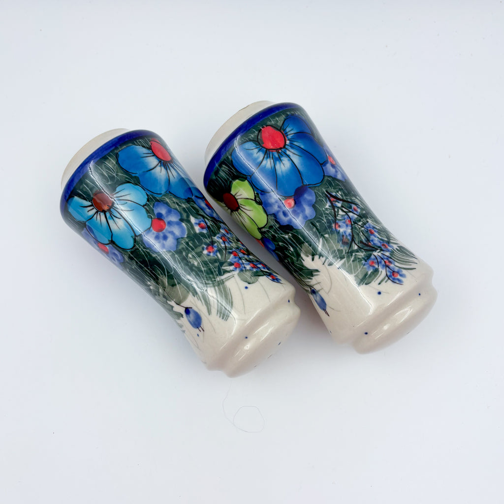 5” Salt and Pepper Shakers.  Handmade Polish pottery.  UNIKAT Forget Me Not Pansy