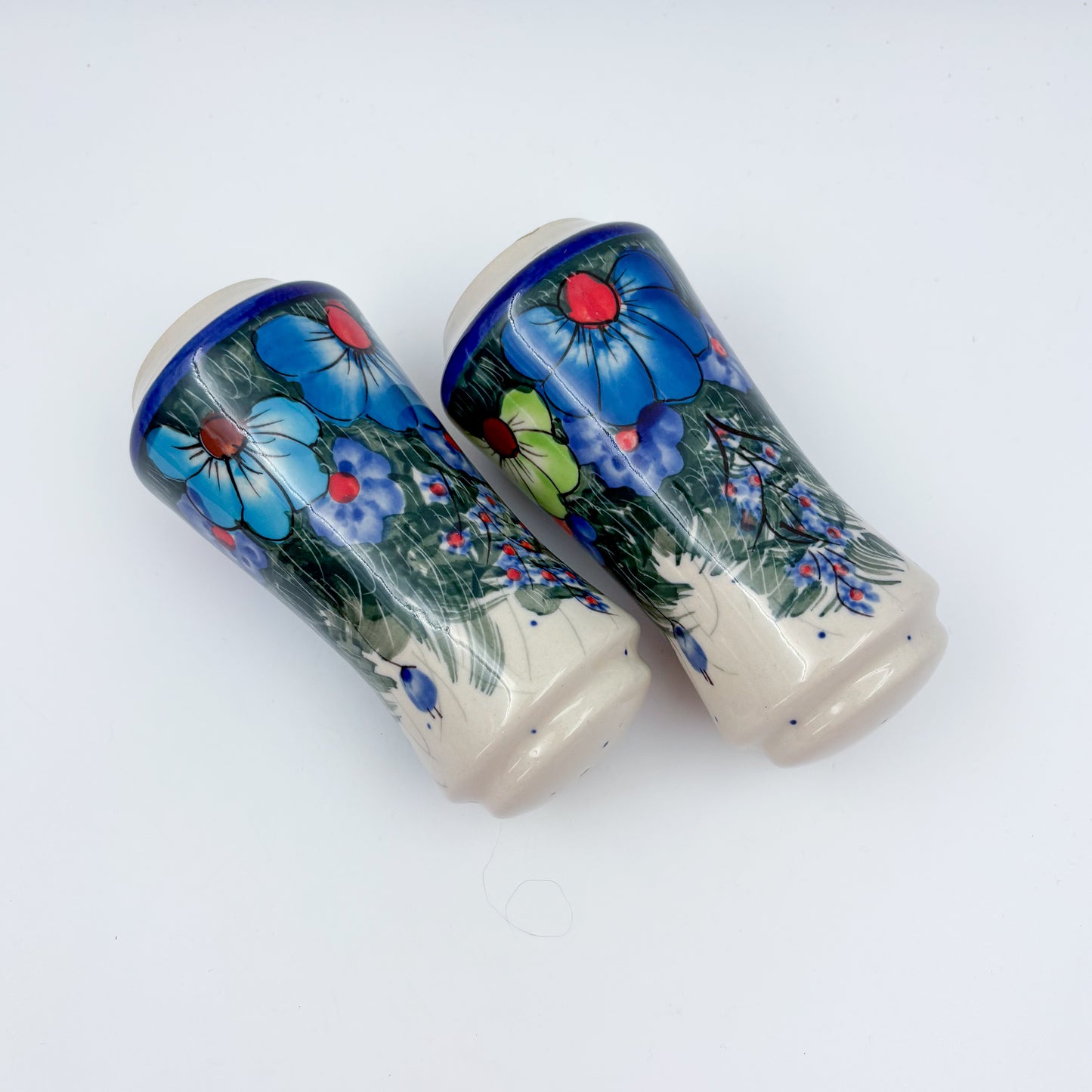 5” Salt and Pepper Shakers.  Handmade Polish pottery.  UNIKAT Forget Me Not Pansy