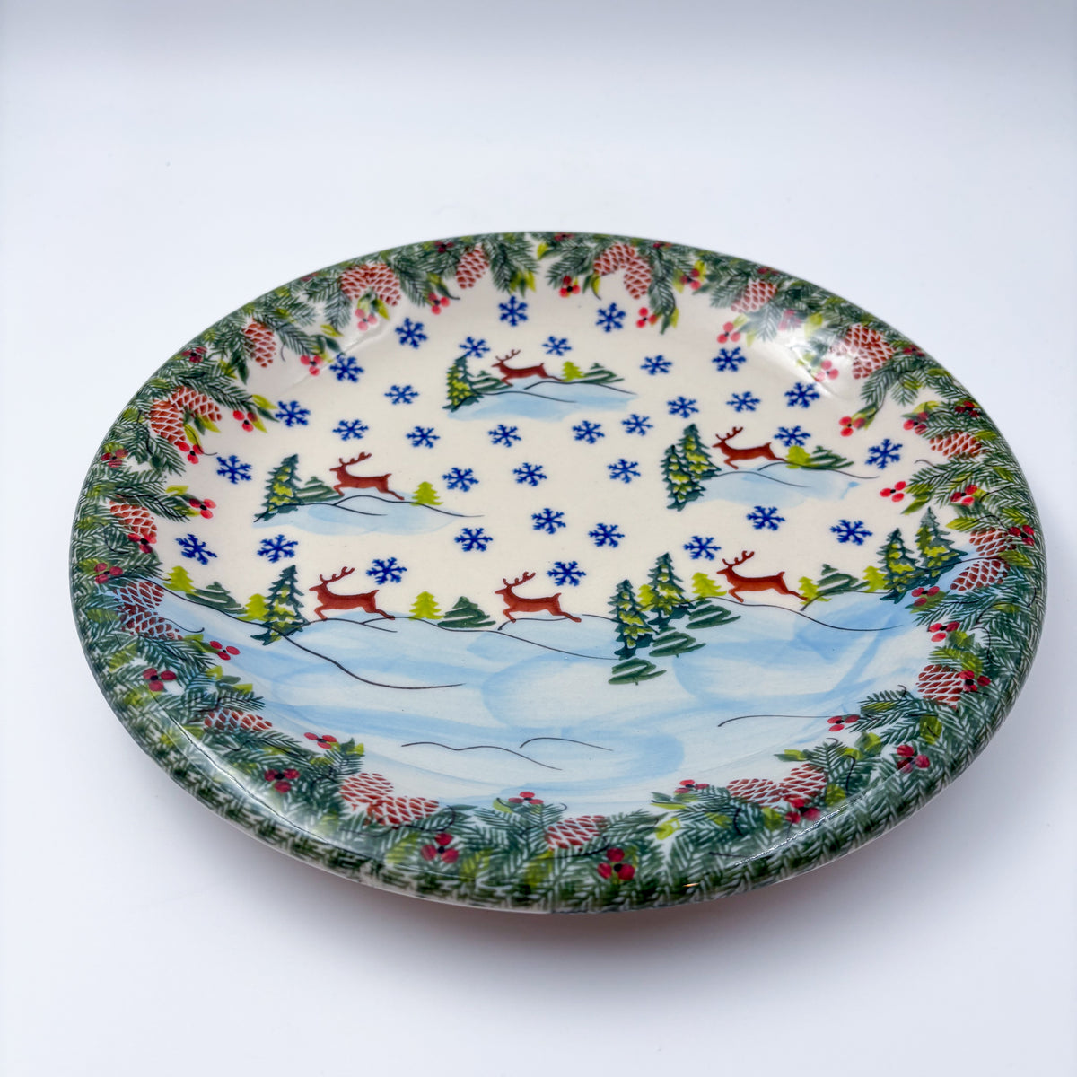 10.2” Plate.  Hand crafted Polish pottery stoneware: UNIKAT Holiday Reindeer