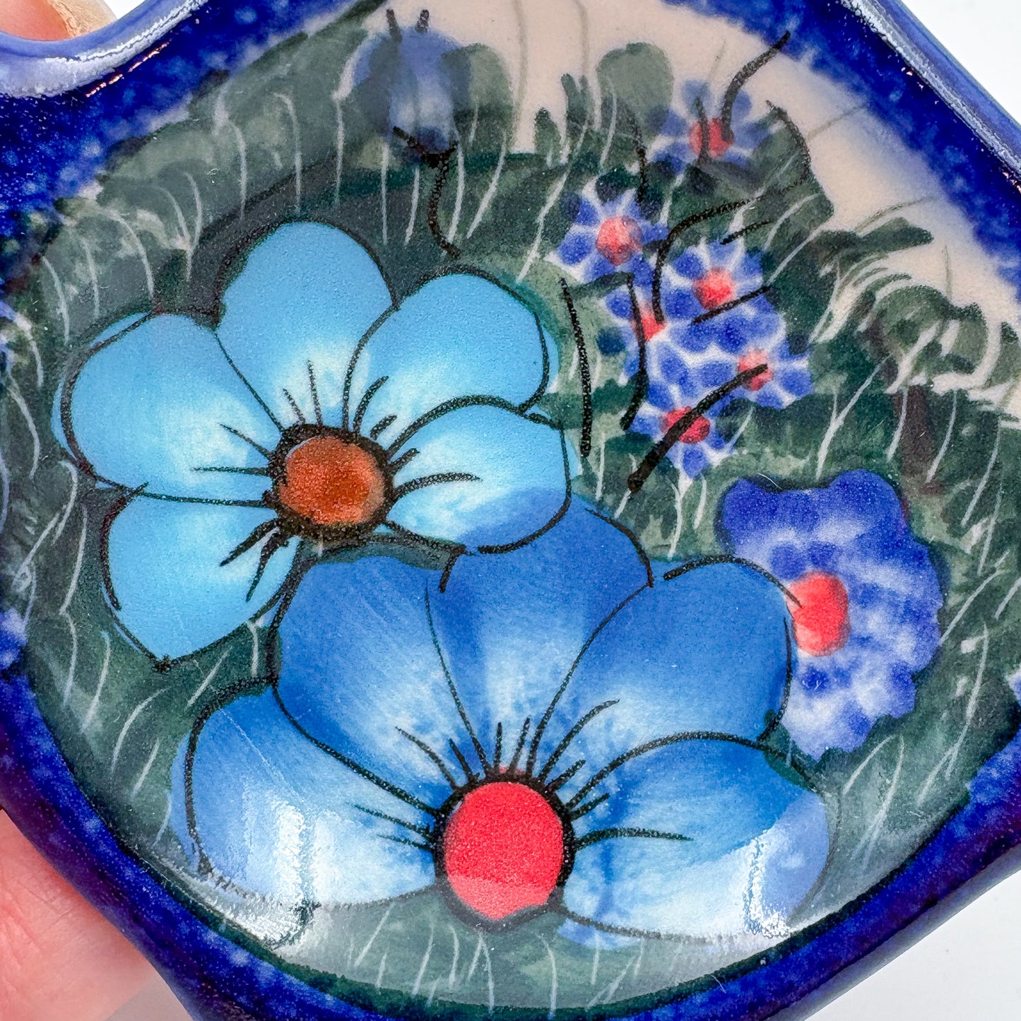 Teabag Holder.  Handmade Teapot Polish pottery.  UNIKAT Forget Me Not Pansy