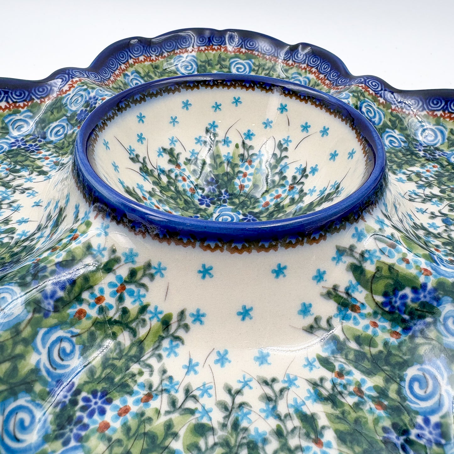 11" Divided Platter with Center Bowl.  Hand crafted Polish pottery stoneware: UNIKAT Whispering Ferns