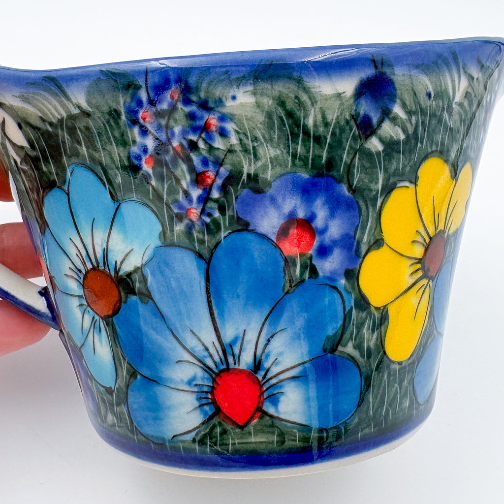 12 oz Loop Handle Gravy Boat.  Hand painted Polish pottery stoneware.  UNIKAT Forget Me Not Pansy