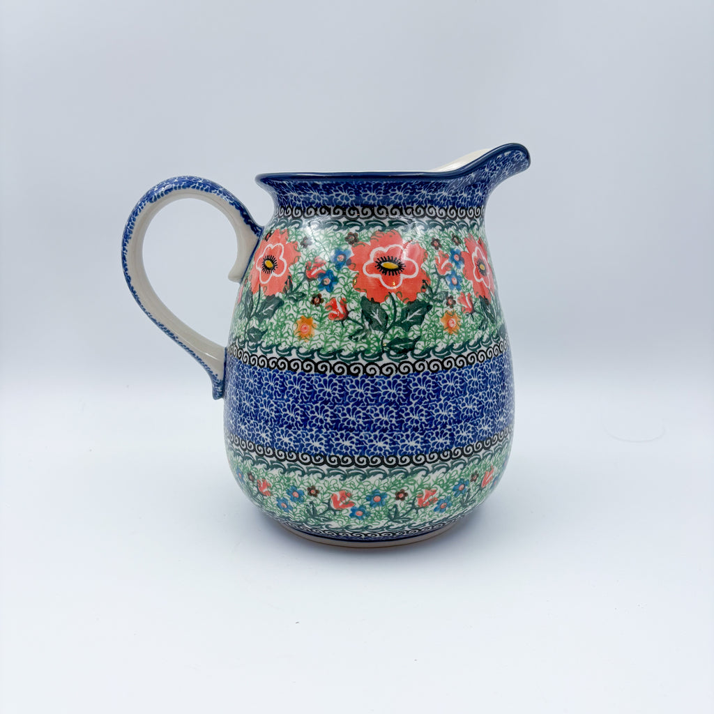 67 oz. Pitcher.  Hand painted Polish pottery stoneware.  UNIKAT Red Poppies