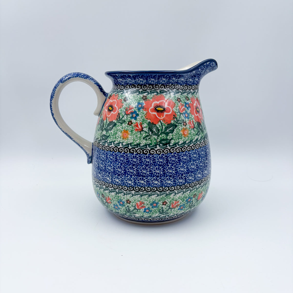 67 oz. Pitcher.  Hand painted Polish pottery stoneware.  UNIKAT Red Poppies
