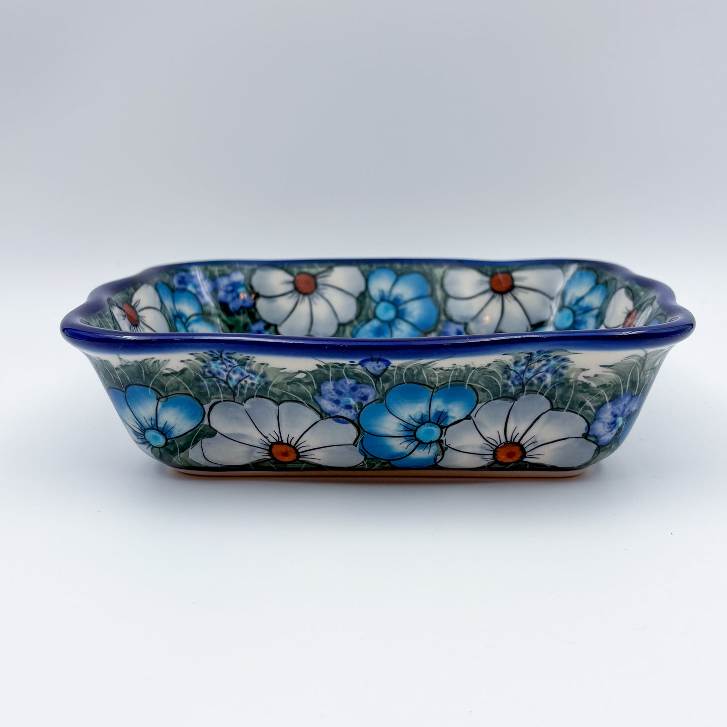 8” Rectangular Fala Baker Handmade in Poland.  UNIKAT Forget Me Not Pansy