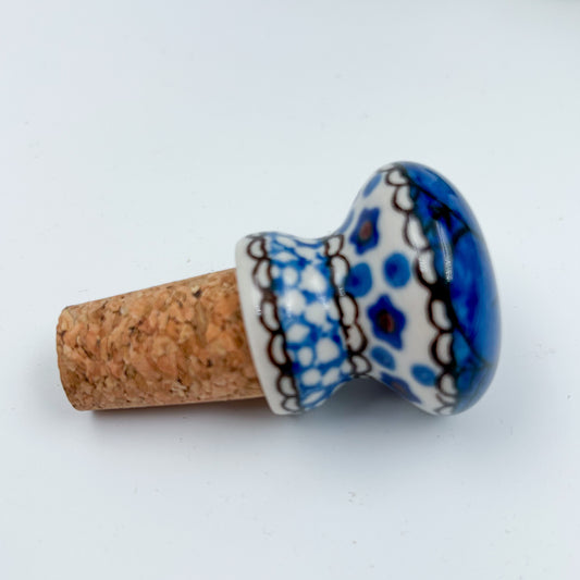 3" Bottle Stopper.  Polish Pottery Stoneware. Cobalt Poppies Design