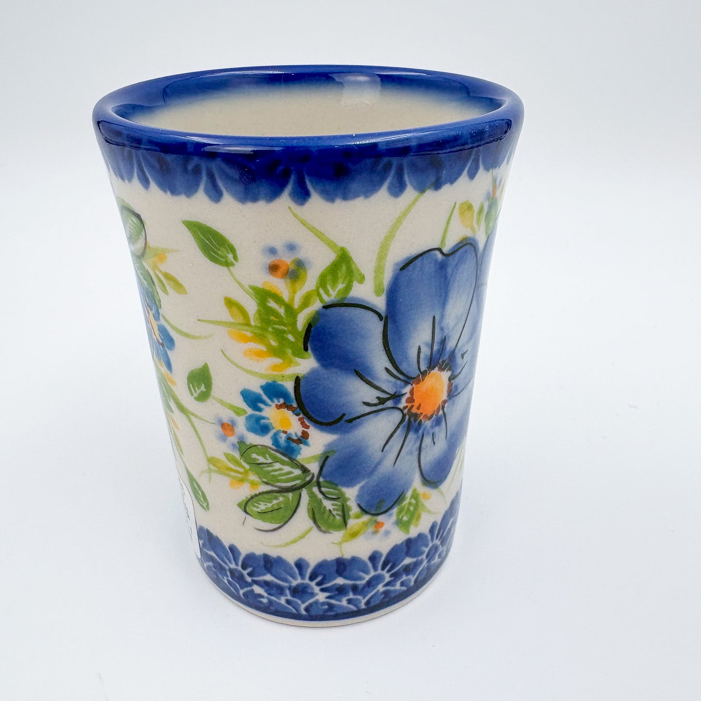 Mug Tumbler 7oz. Handcrafted Polish pottery stoneware:  UNIKAT Blue Daisy