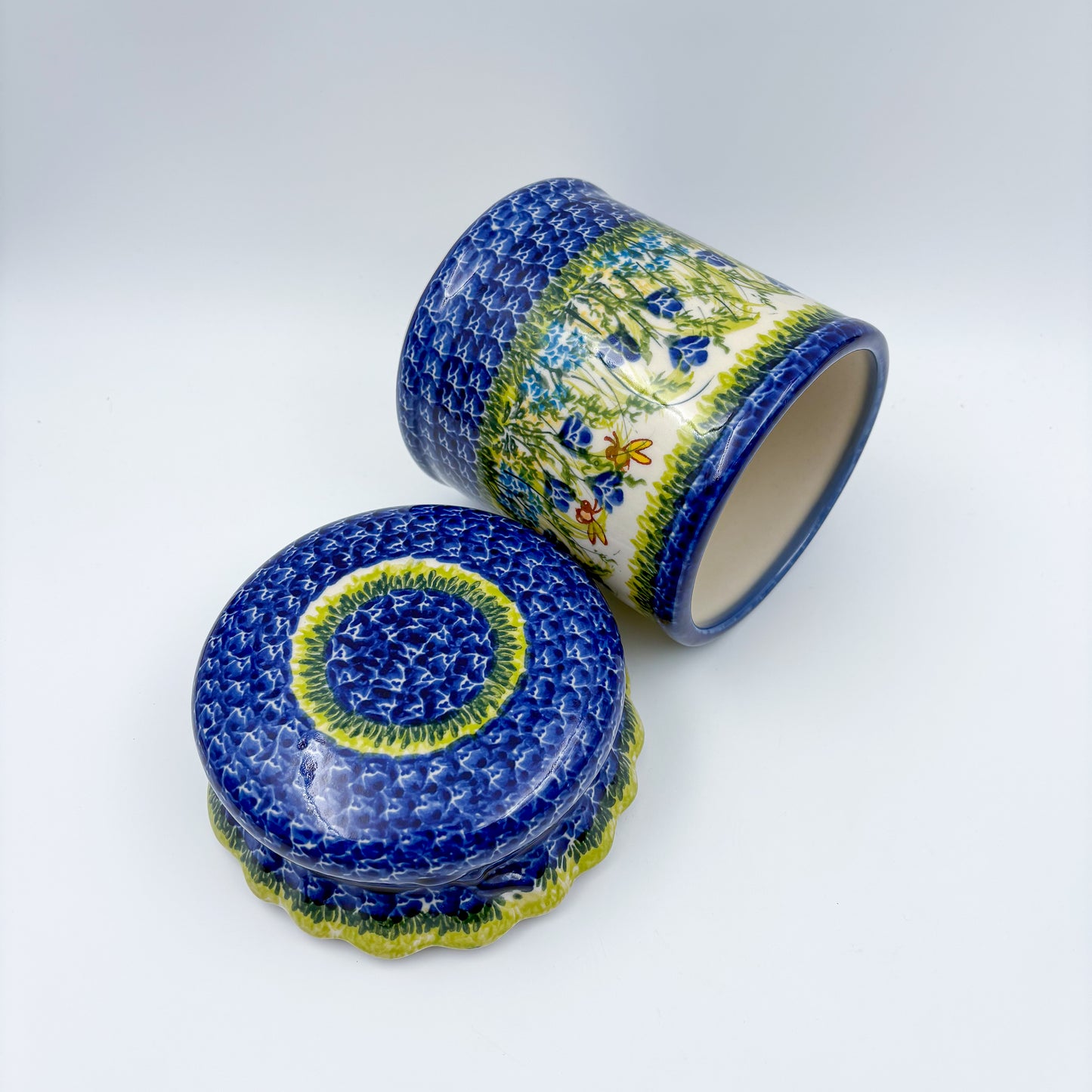 7" Container with Ruffled Lid Large.  Handmade Polish pottery.  UNIKAT Bluebell Meadow Design