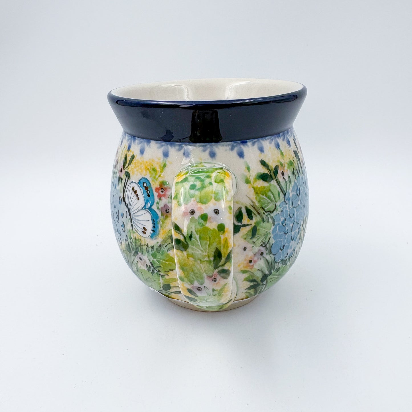 16 oz Bubble Mug. Handcrafted Polish pottery stoneware: UNIKAT Blue Hydrangea Design