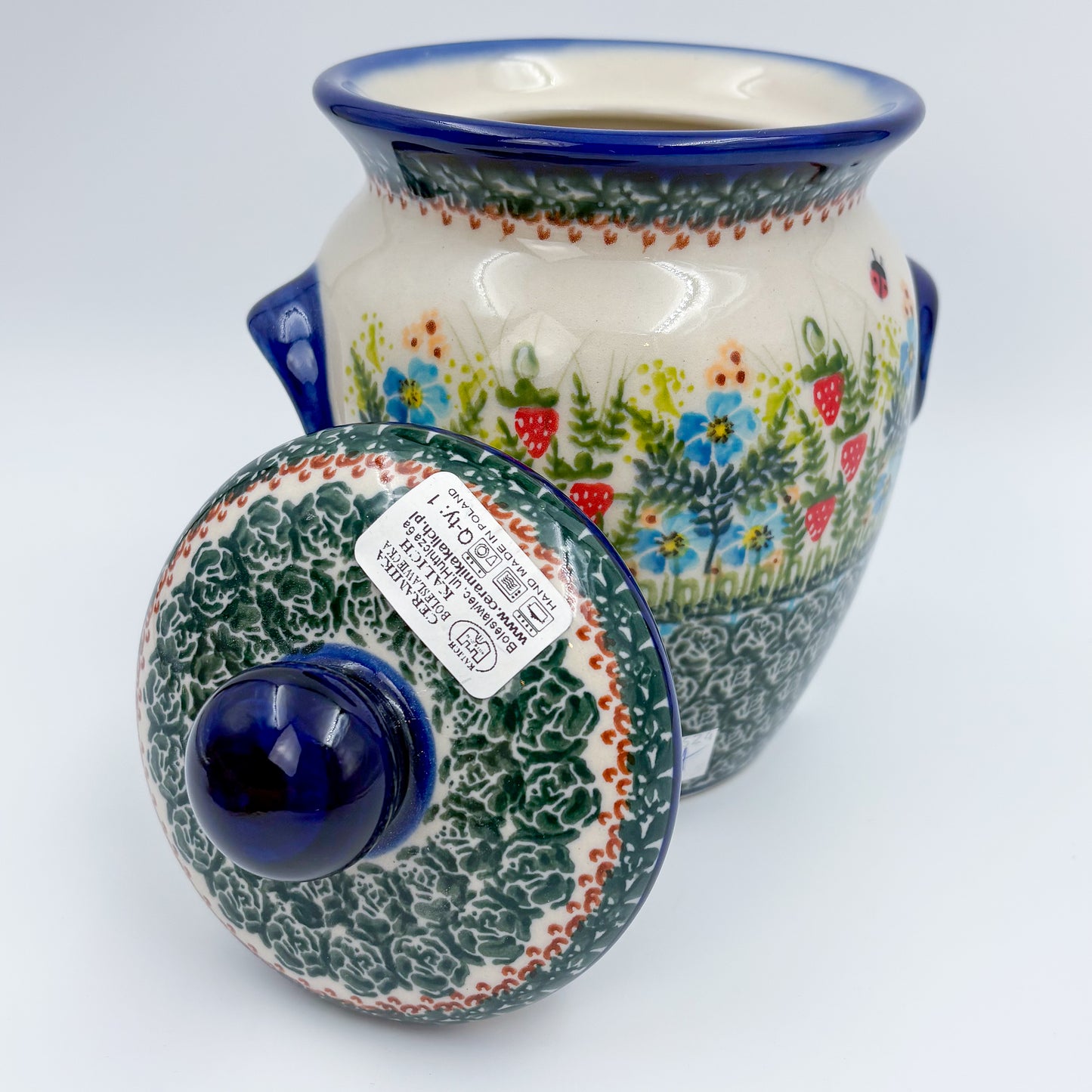 7" Lidded Jar.  Handmade Polish pottery.  UNIKAT Strawberry Fields