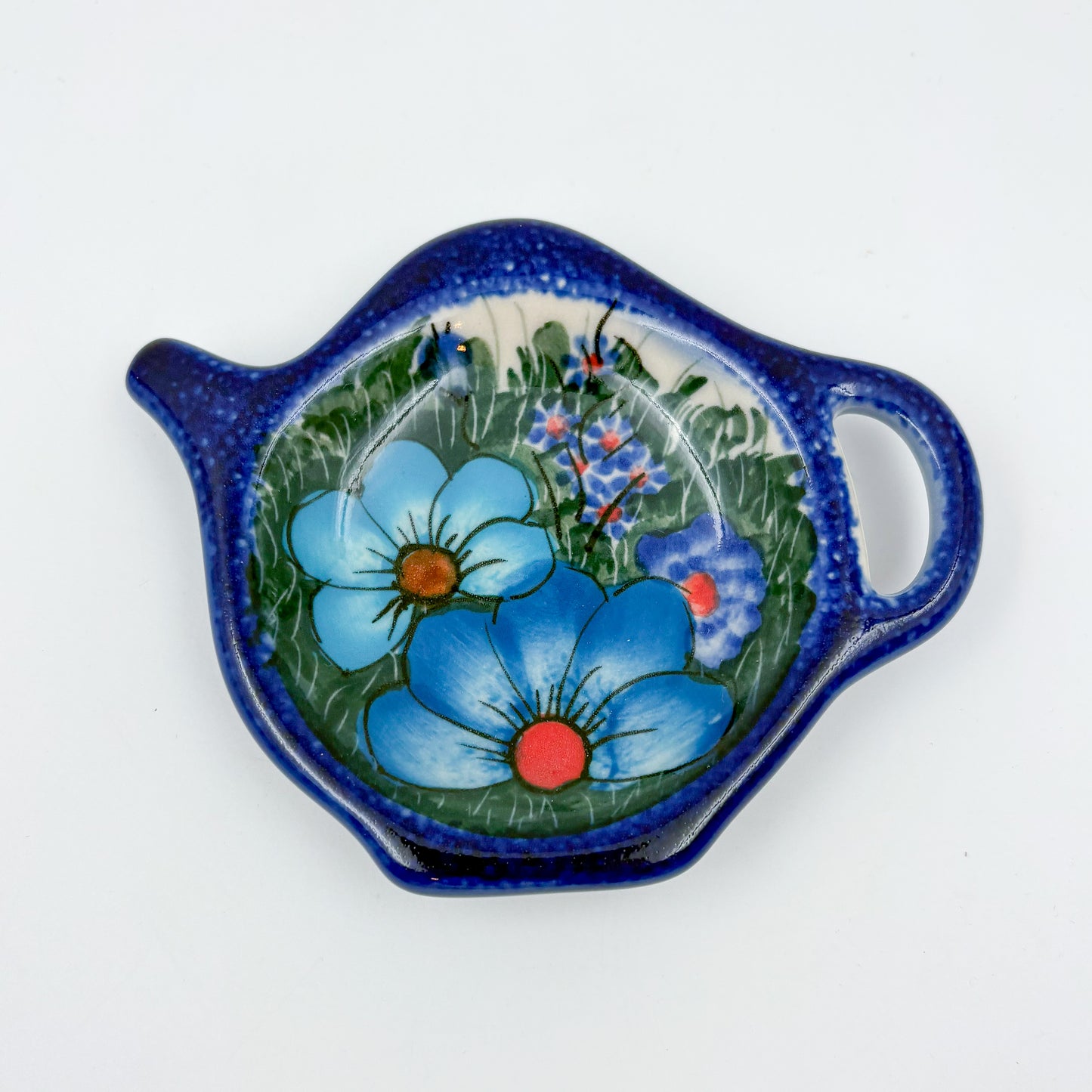 Teabag Holder.  Handmade Teapot Polish pottery.  UNIKAT Forget Me Not Pansy