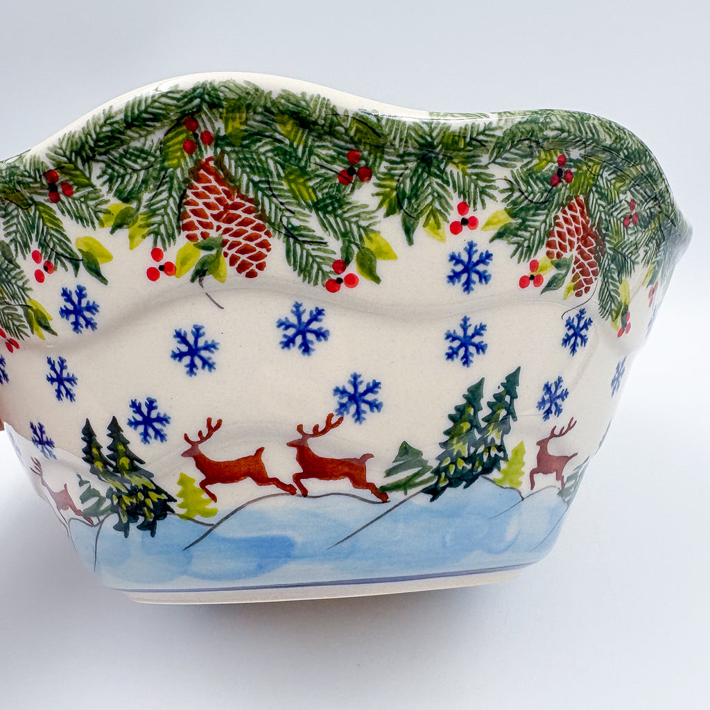 9” Wavy Bowl.  Hand crafted Polish pottery stoneware:  UNIKAT Reindeer Bliss