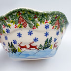 9” Wavy Bowl.  Hand crafted Polish pottery stoneware:  UNIKAT Reindeer Bliss