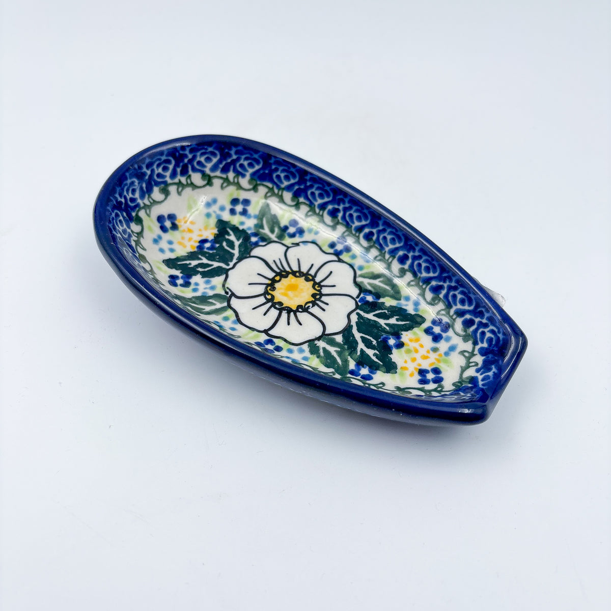 Spoon Rest 5”. Handmade Polish pottery.  UNIKAT Floral Fantasy