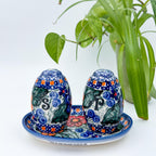 5” blue, green and orange salt and pepper shakers
