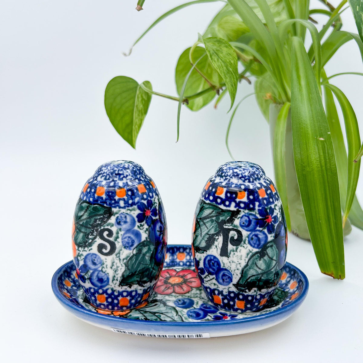 5” blue, green and orange salt and pepper shakers