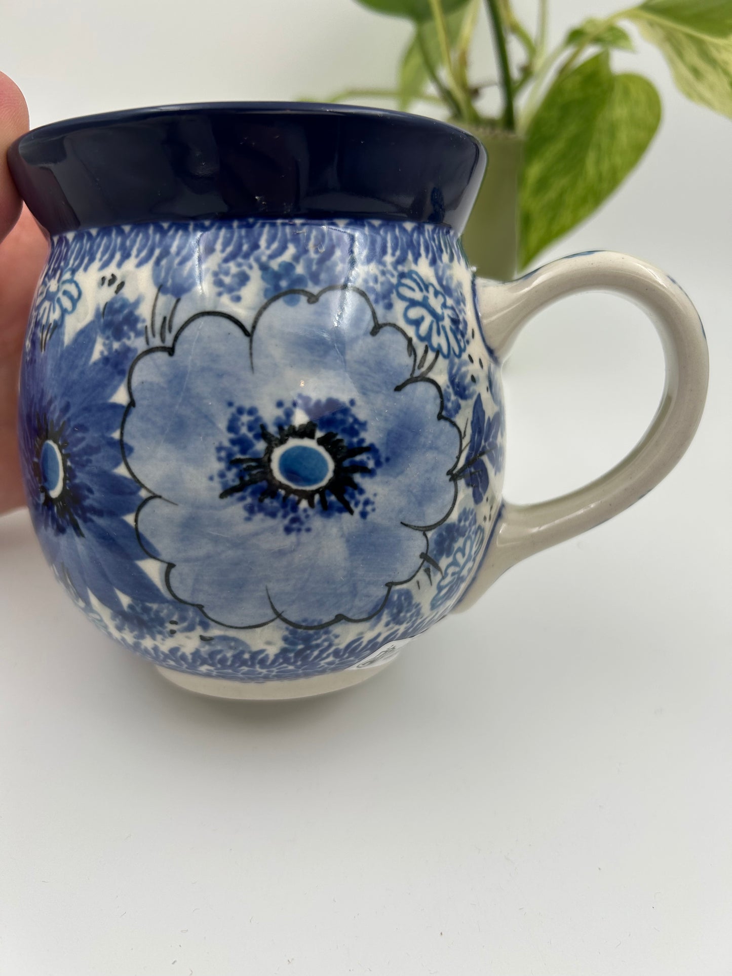 16 oz Bubble Mug. Handcrafted Polish pottery stoneware: UNIKAT Blue Wildflower