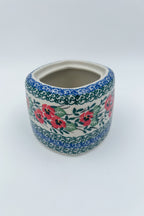 Polish pottery 9oz” square foral sugar bowl in Red Pansy Pattern. 
Ceramika Artystyczna Company