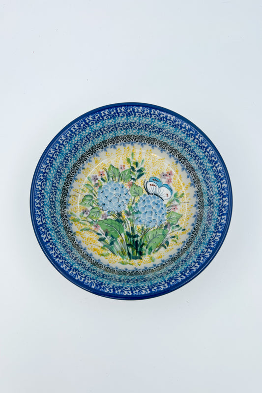 Polish pottery 6.57” blue floral stacking bowl in the UNIKAT &nbsp;Blue Hydrangea Pattern.  It holds 24 ounces of fluid Dimension
Ceramika Artystyczna Company