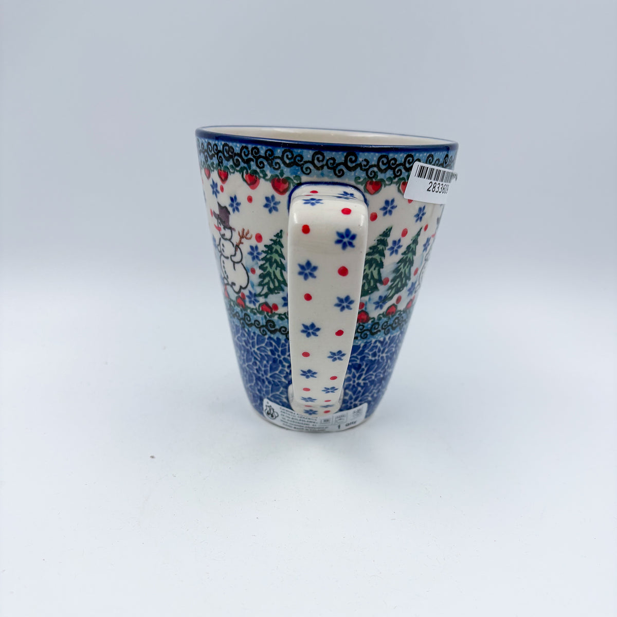 16 oz Mug. Handcrafted Polish pottery stoneware:  UNIKAT Dancing Snowman Design