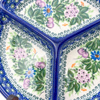 UNIKAT Floral Garden divided platter, close-up of two divisions showing hydrangea, cherries, and daisy detail