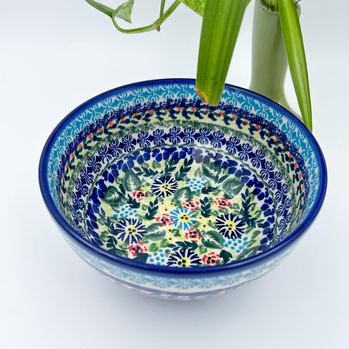 6.” Farm Bowl.  Hand crafted Polish pottery stoneware: UNIKAT Blue Flor-de-lis Design