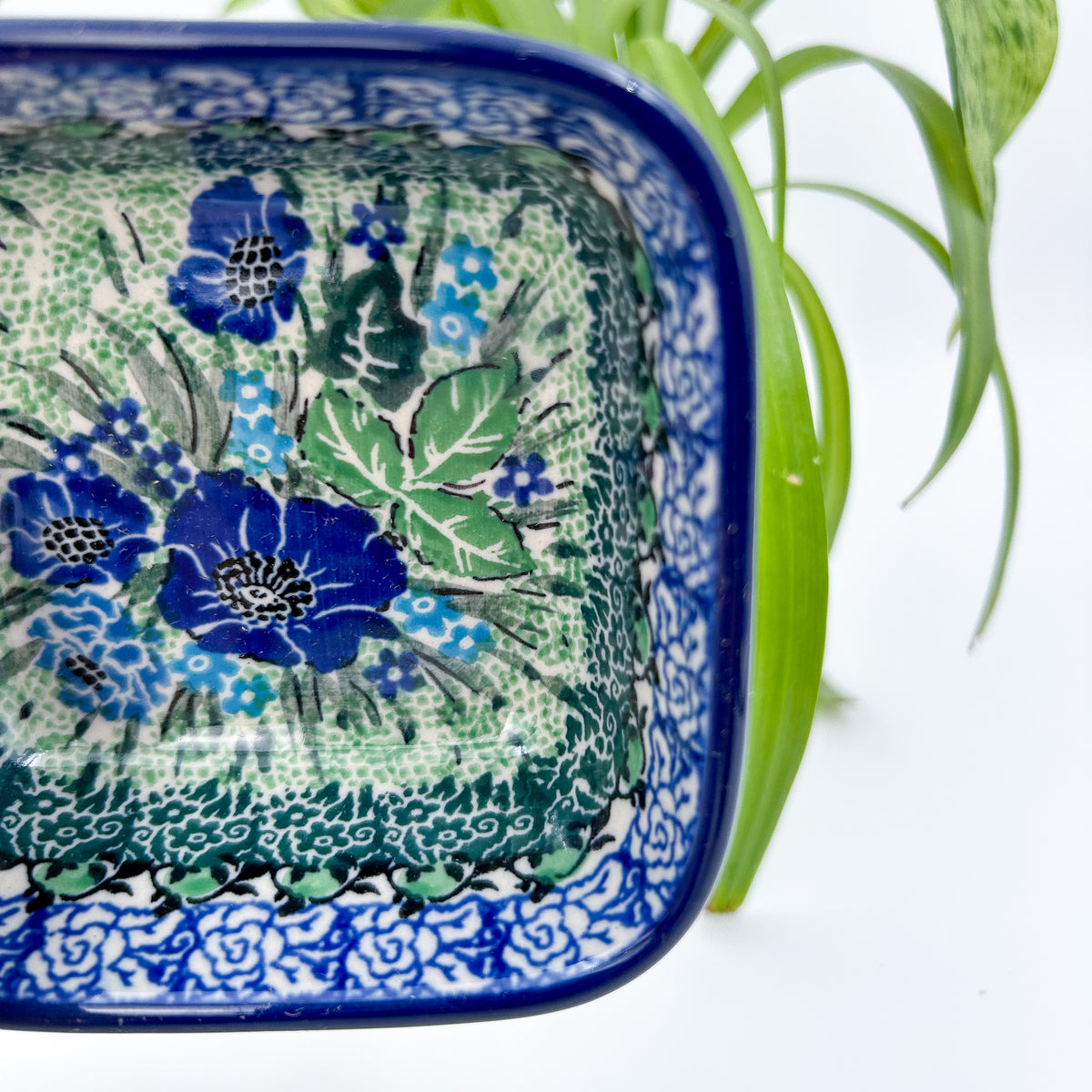 Polish pottery 4” square floral bowl in the UNIKAT Moody Blues Design. Ceramika Artystyczna Company