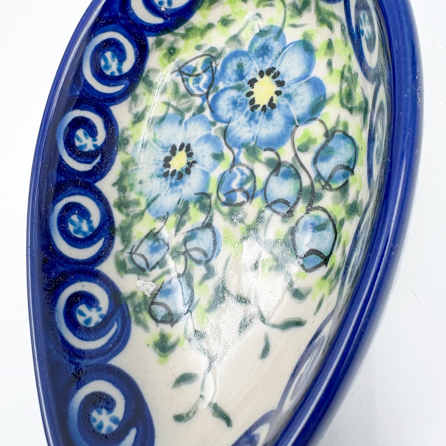 Spoon Rest 5”.  Handmade Polish pottery.  UNIKAT Gorgeous Morning Glory Design