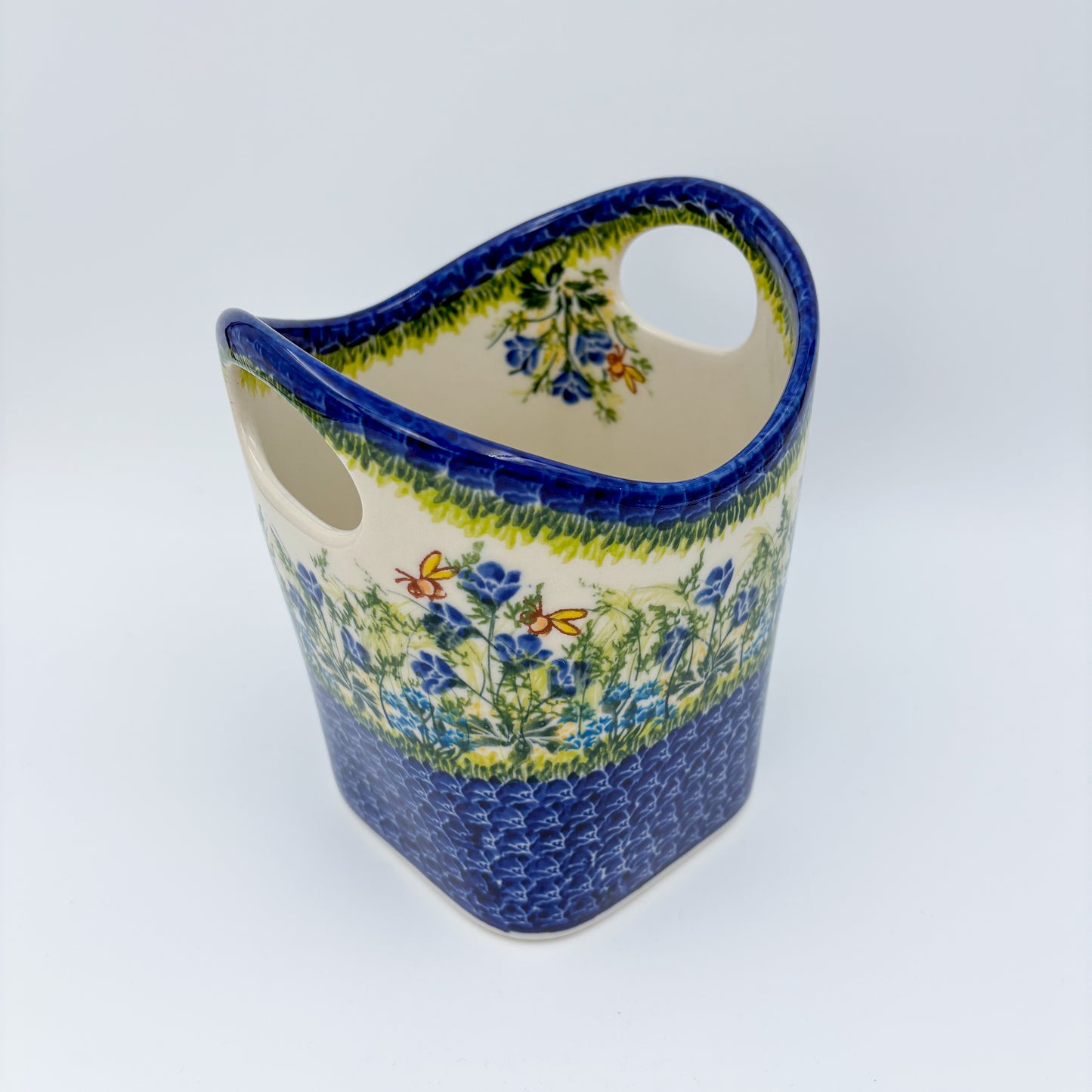 Basket Container & Utensil Med.  Handmade Polish pottery.  UNIKAT Bluebell Meadow Design